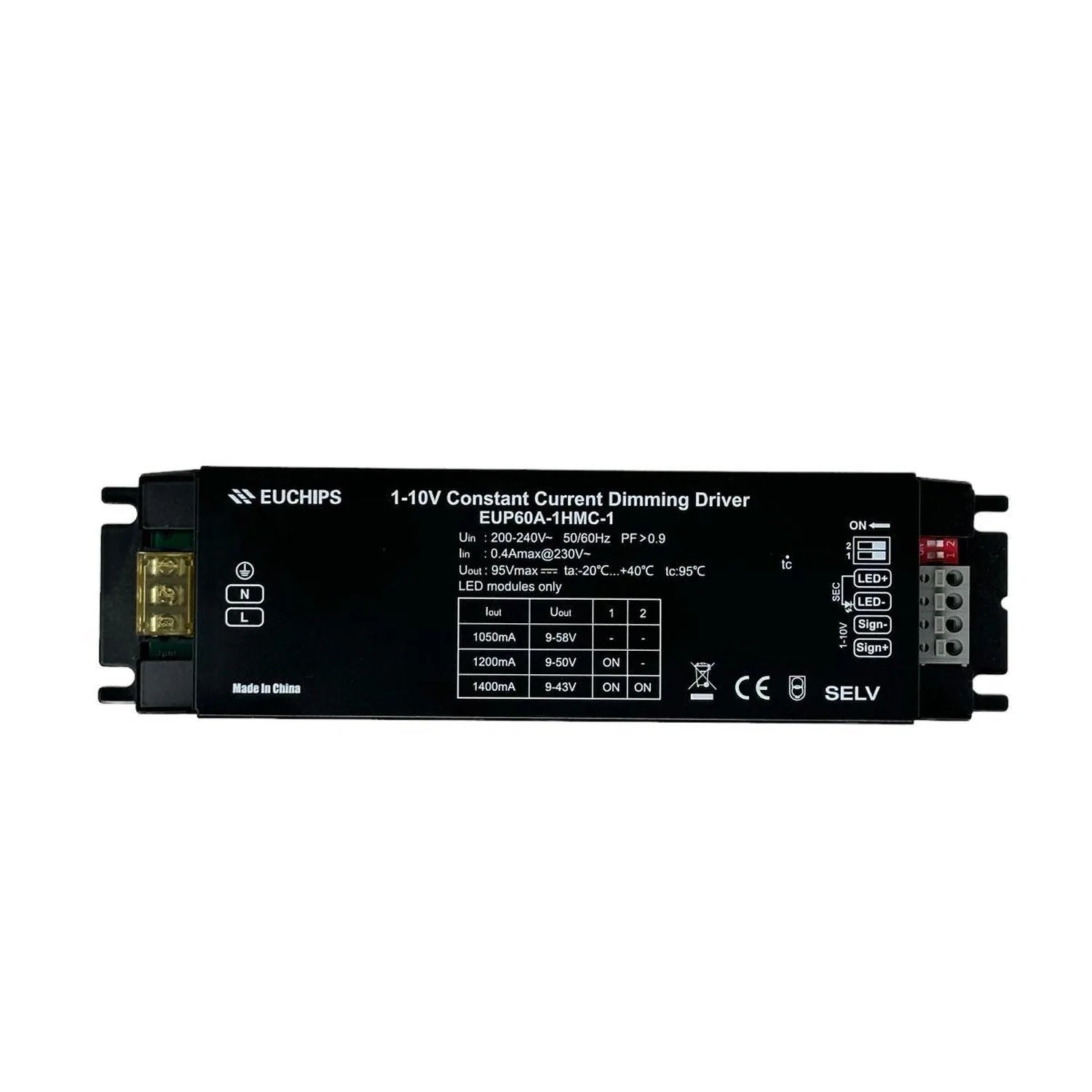 EUCHIPS 1-10V constant current dimming driver, model EUP60A-1HMC-1, shown from above displaying specifications and terminal c