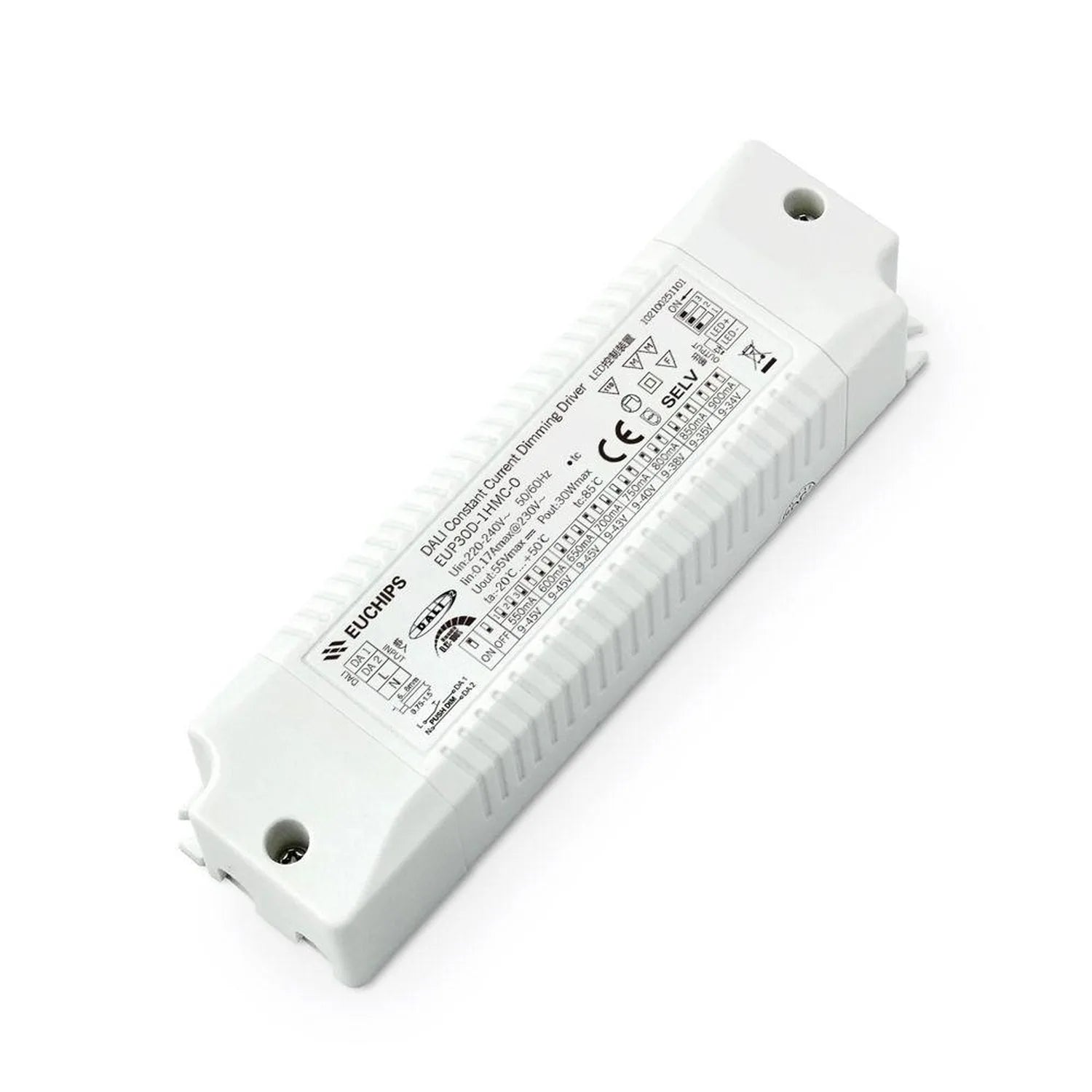 White rectangular LED driver with ribbed cooling fins, mounting holes, and technical specifications label visible, angled vie