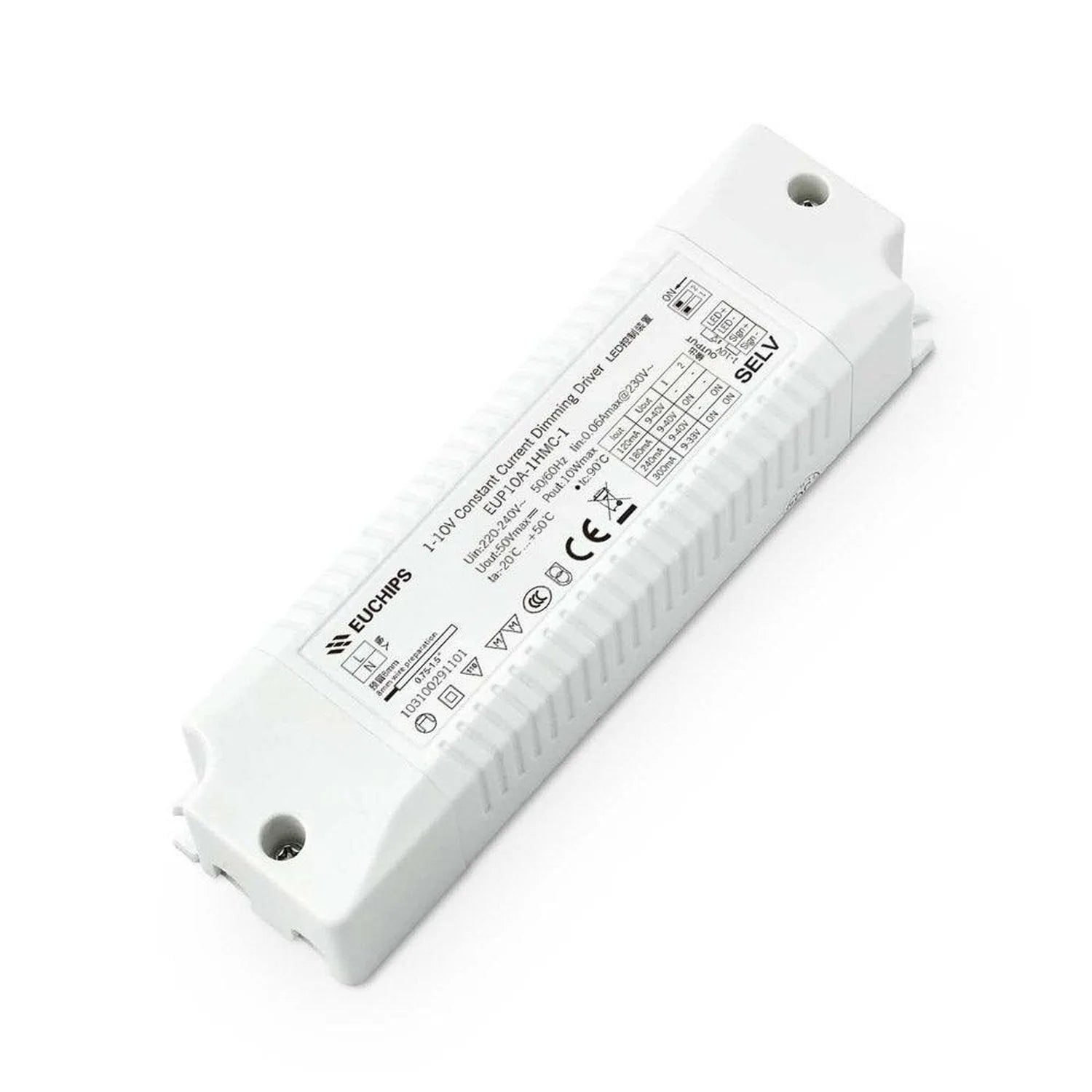 White rectangular LED driver with product label and specifications visible, mounting holes at each end, angled product shot a