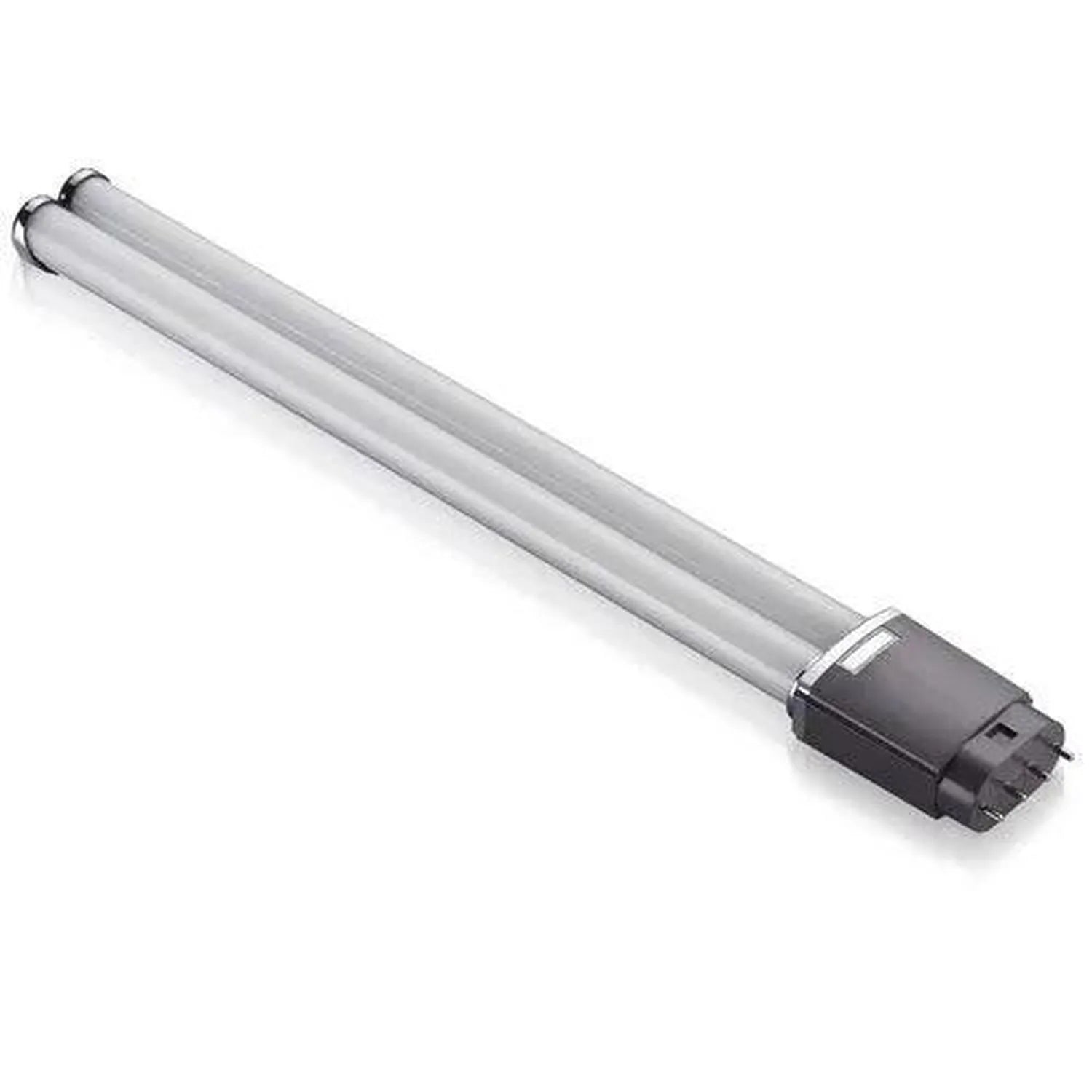 PL-L 2G11 4 Pin LED lamp with gray fluorescent-style tube and black connector base on white background