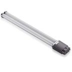 Two-tube LED lamp with 4-pin connector base and black ballast housing, product photo on white background.