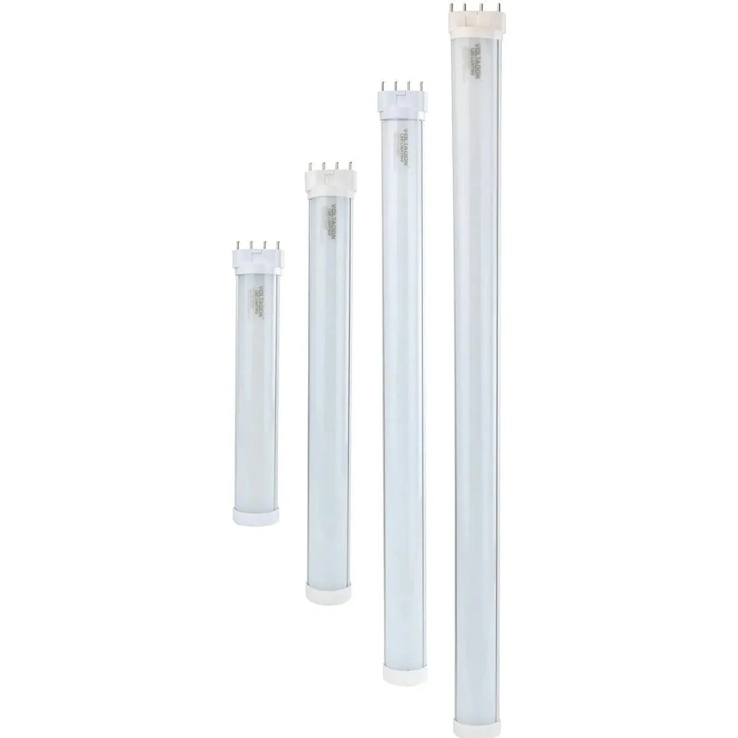 Four LED tube lamps in increasing lengths, arranged side by side with white end caps and clear cylindrical tubes.