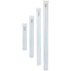 Four LED tube lamps in increasing lengths, arranged left to right, each with white plastic connectors and frosted clear tubes