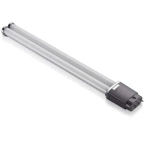 PL-L 2G11 LED lamp with two gray fluorescent-style tubes and black base connector on white background.