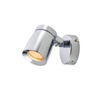 Polished chrome LED bathroom spotlight with cylindrical adjustable head and round wall-mounted base, shown against white back