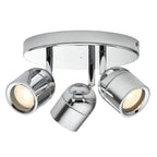 Chrome ceiling spotlight fixture with three adjustable cylindrical heads and central mounting plate, product shot on white ba