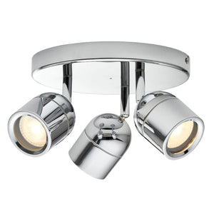 Chrome ceiling spotlight fixture with three adjustable cylindrical heads and central mounting plate, product shot on white ba