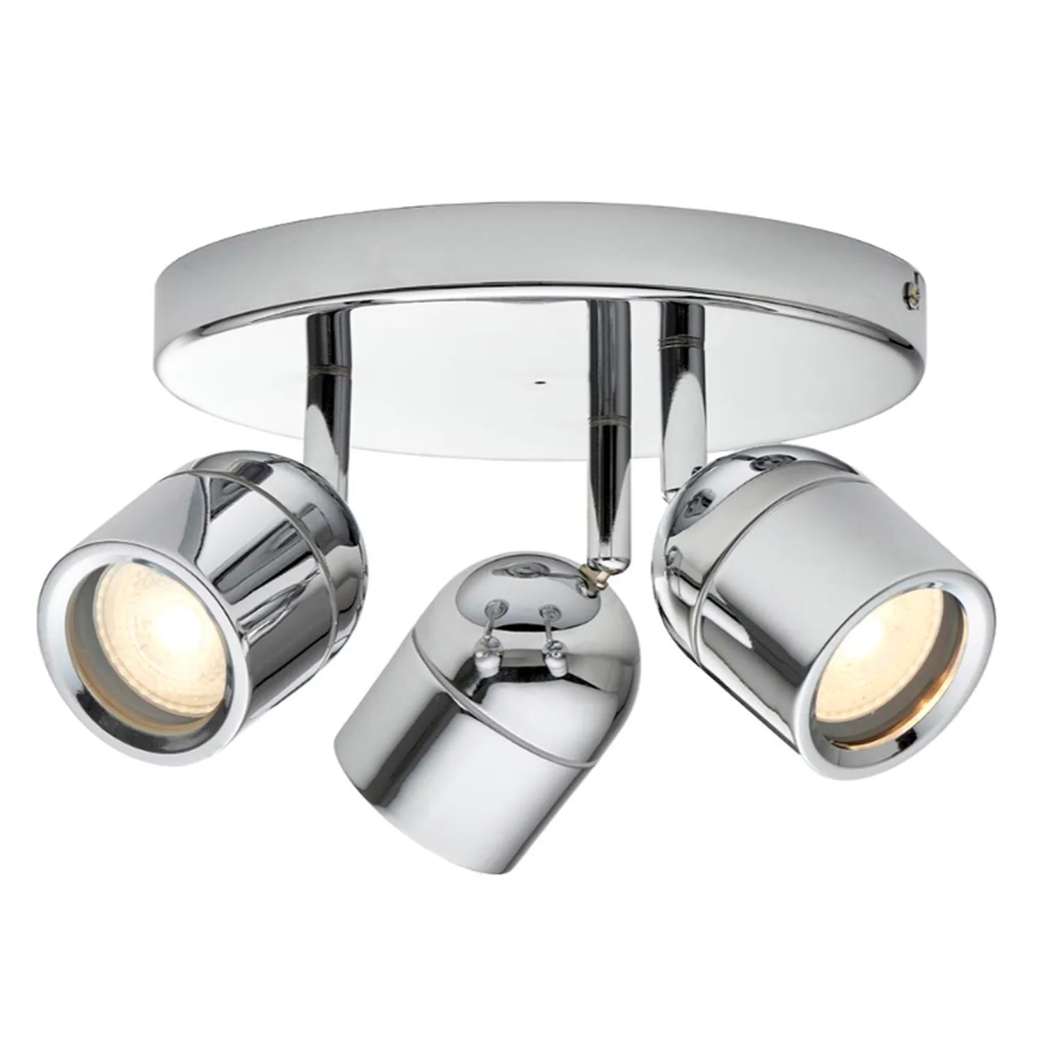 Chrome ceiling spotlight fixture with three adjustable cylindrical heads and central mounting plate, product shot on white ba