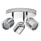 Chrome ceiling spotlight fixture with three adjustable cylindrical spotlights mounted on circular base, product shot on white