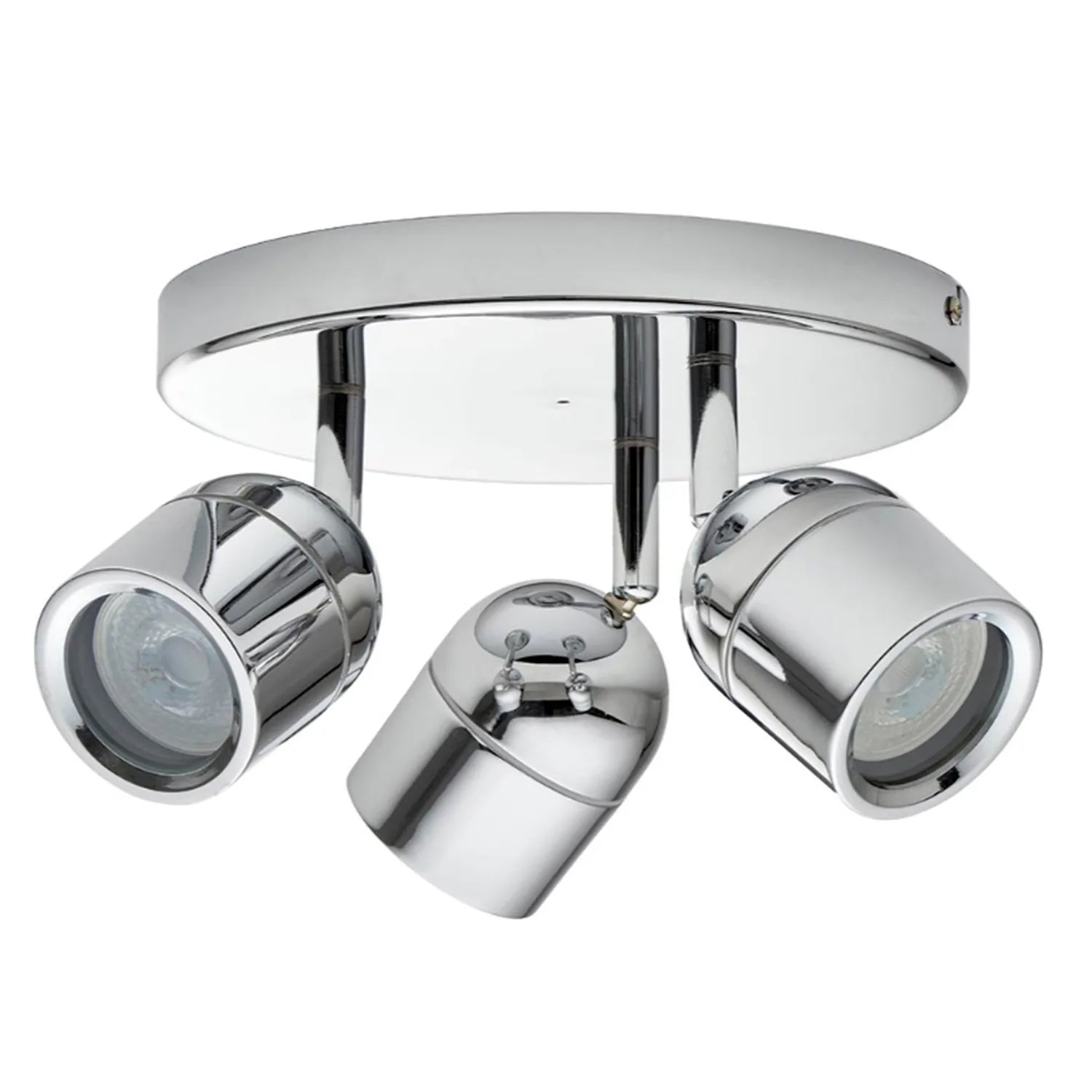 Chrome ceiling spotlight fixture with three adjustable cylindrical spotlights mounted on circular base, product shot on white