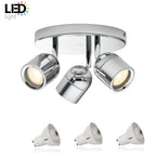 Chrome ceiling spotlight fixture with three adjustable GU10 spotlights and three replacement LED bulbs displayed below.