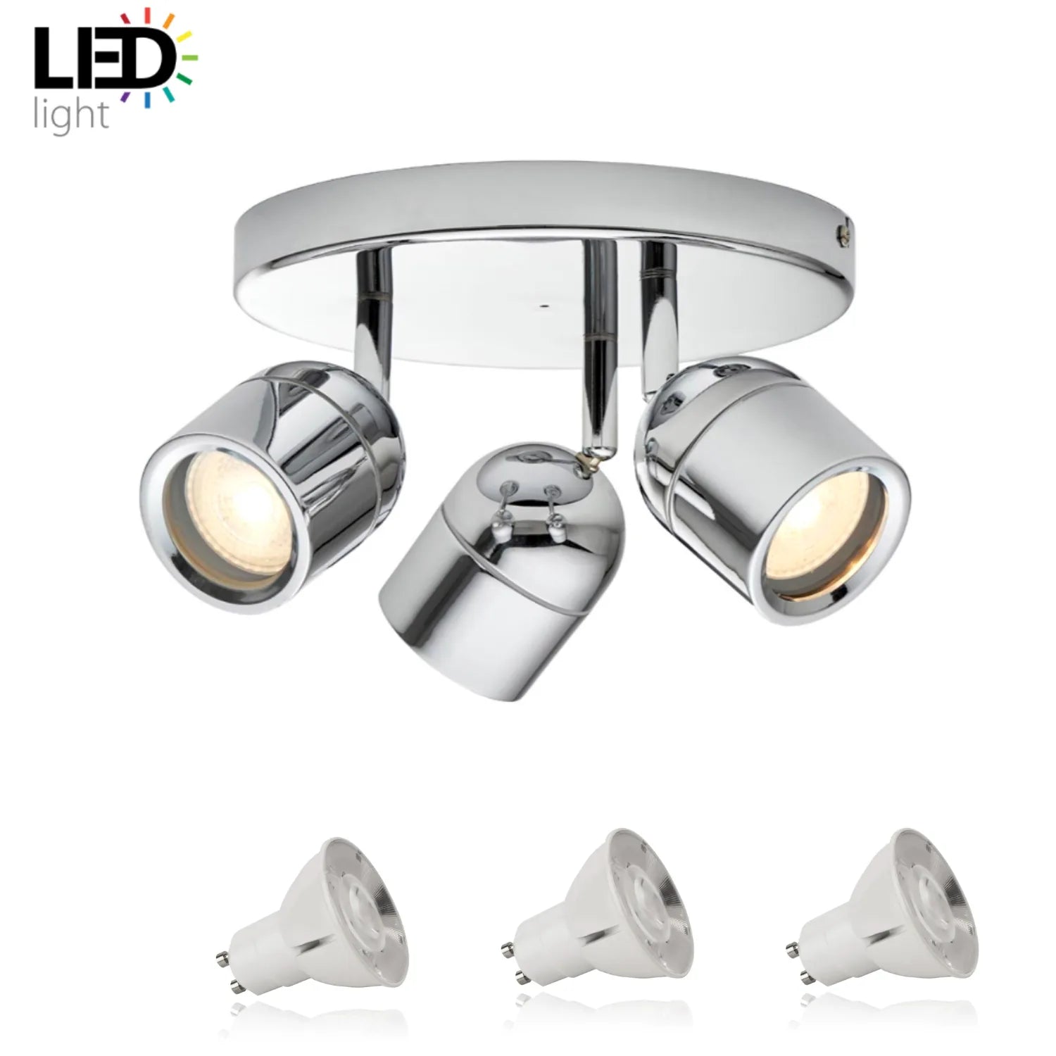 Chrome ceiling spotlight fixture with three adjustable GU10 spotlights and three replacement LED bulbs displayed below.