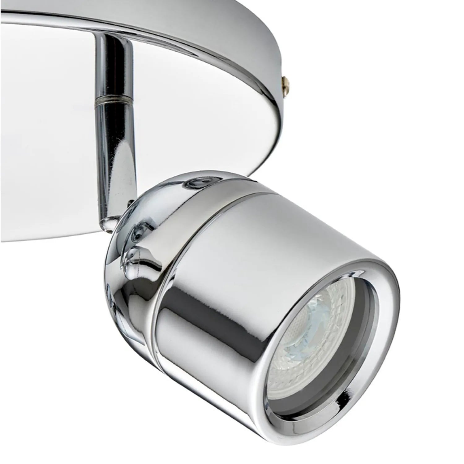 Chrome cylindrical spotlight with adjustable arm mounted on curved ceiling plate, showing LED lens detail.