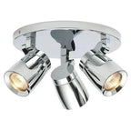 Chrome ceiling light fixture with three adjustable spotlight heads and warm white bulbs, shown against white background.
