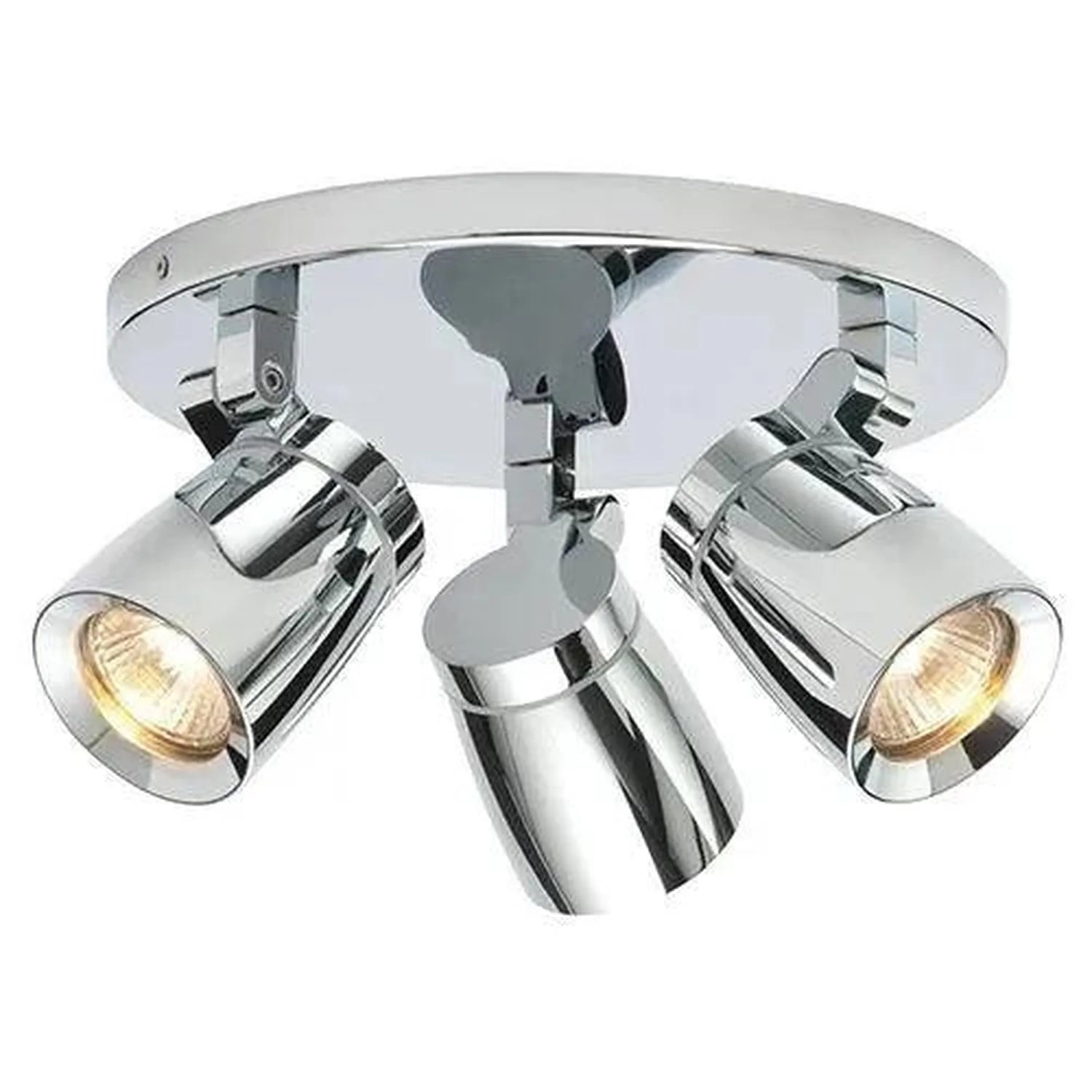 Chrome ceiling light fixture with three adjustable spotlight heads and warm white bulbs, shown against white background.