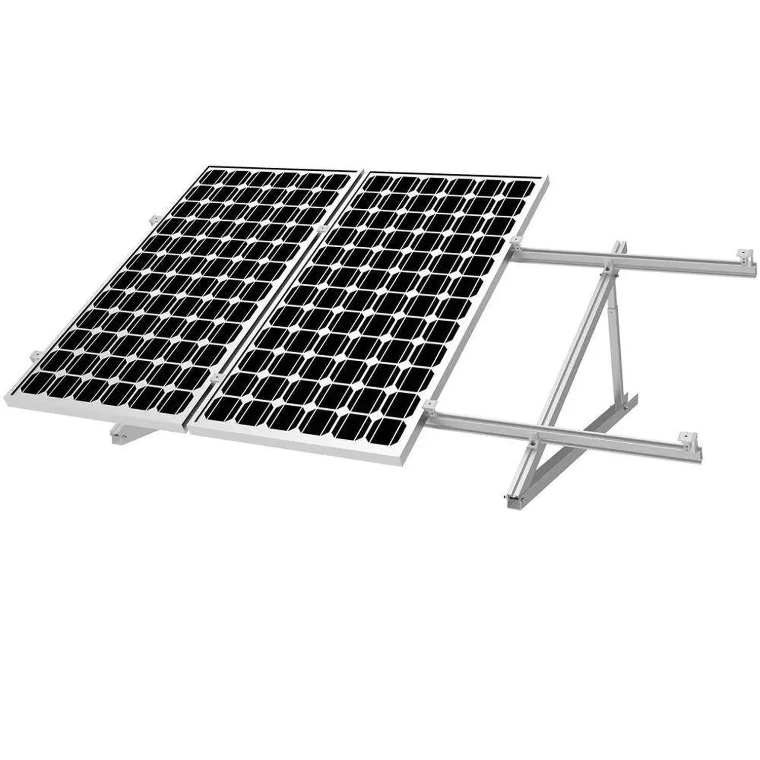 Two solar panels mounted on adjustable aluminum triangular brackets angled toward the left, shown against white background.