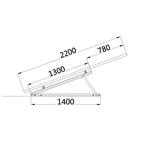 Dimension diagram of adjustable solar panel mounting bracket showing base width 1400mm, frame depth 1300mm, upper rail 2200mm