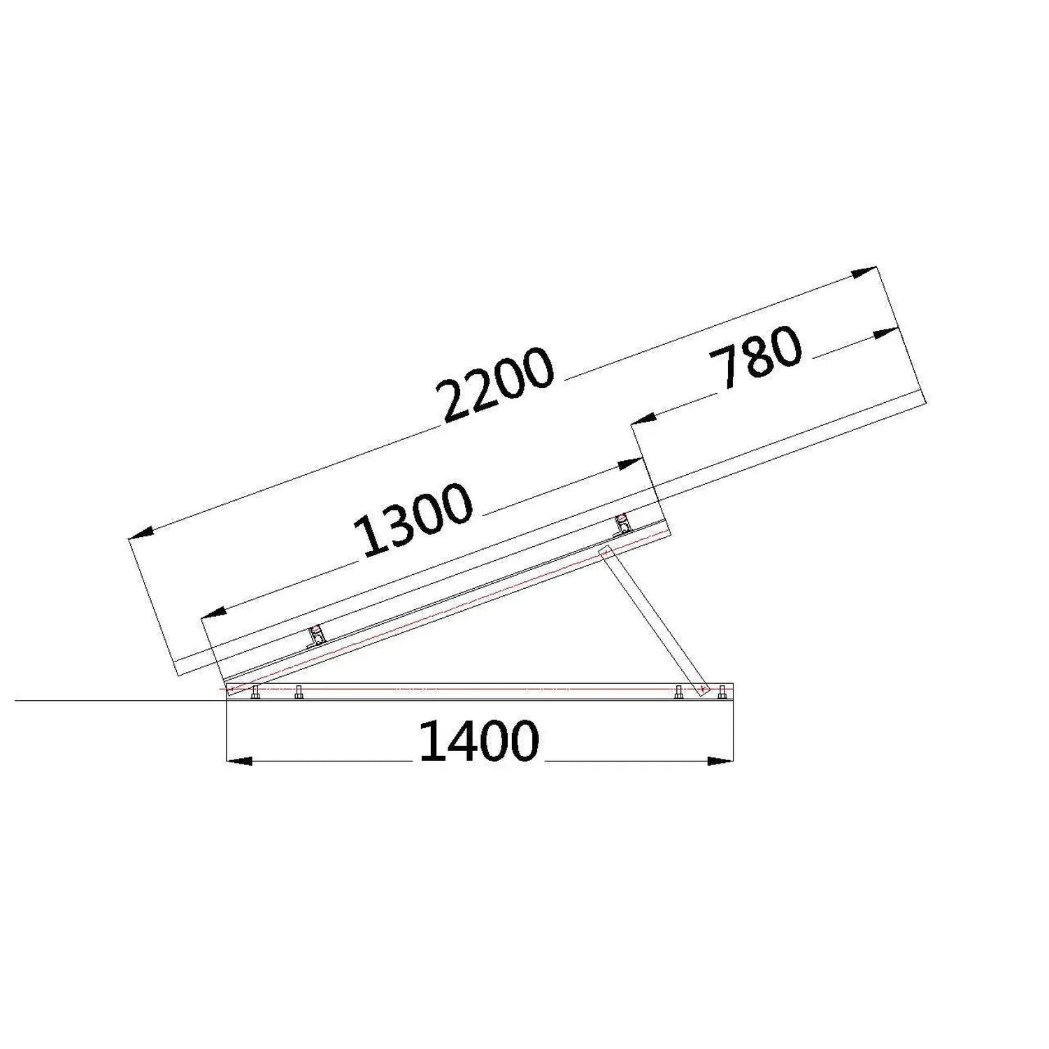 Dimension diagram of adjustable solar panel mounting bracket showing base width 1400mm, frame depth 1300mm, upper rail 2200mm