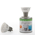 Pharox LED spot light with product packaging and individual bulb displayed against white background.