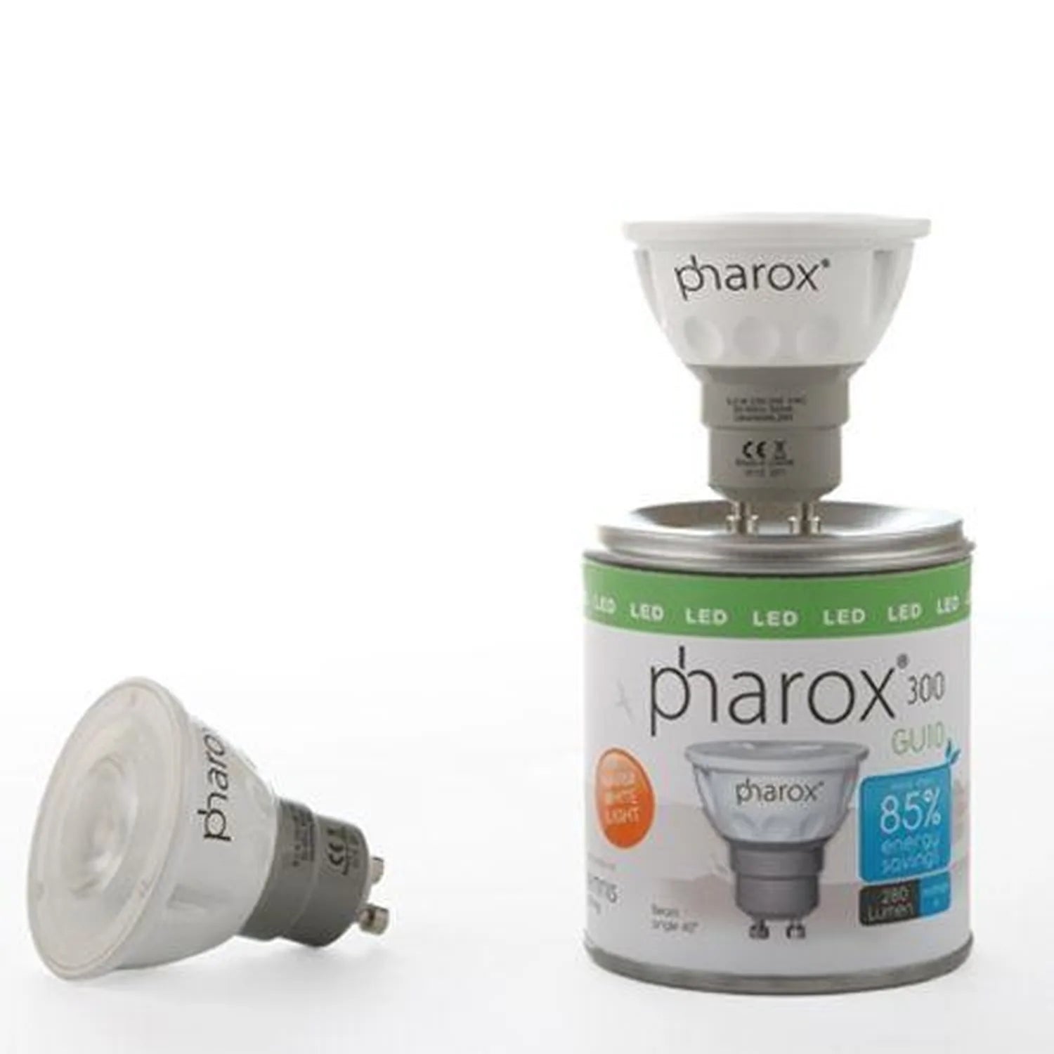 Pharox LED spot light with product packaging and individual bulb displayed against white background.