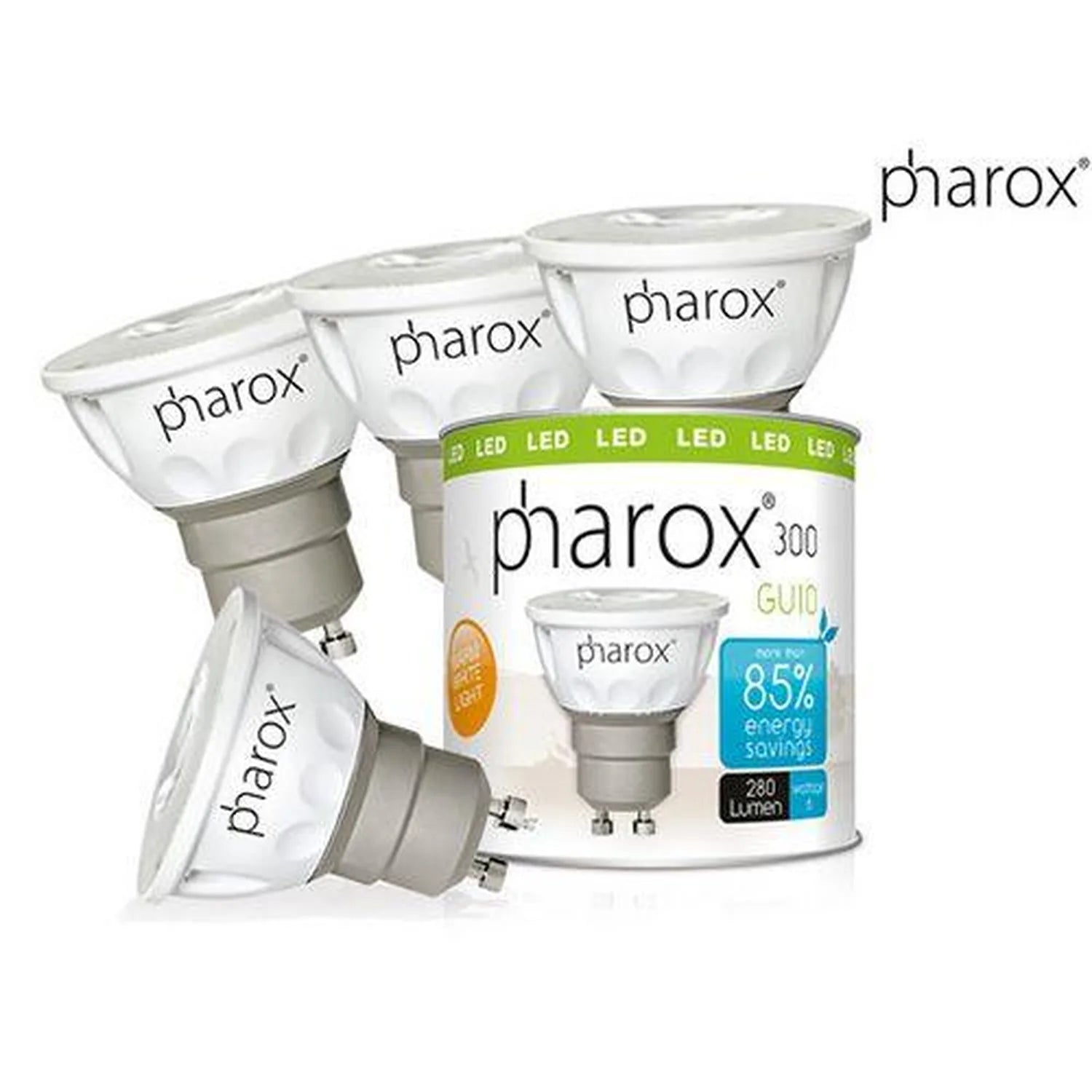 Pharox 300 GU10 LED spotlights displayed with packaging showing 85% energy savings and 280 lumen output.