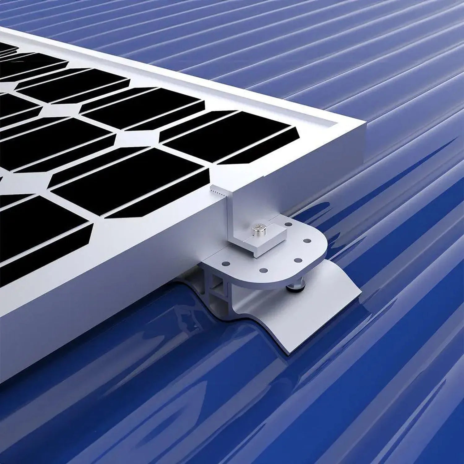White mounting pad with bolt holes securing solar panel to blue corrugated metal roof, installation shot.
