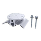 White trapezoidal solar mounting pad with ten pre-drilled holes and two stainless steel fastening screws displayed against wh