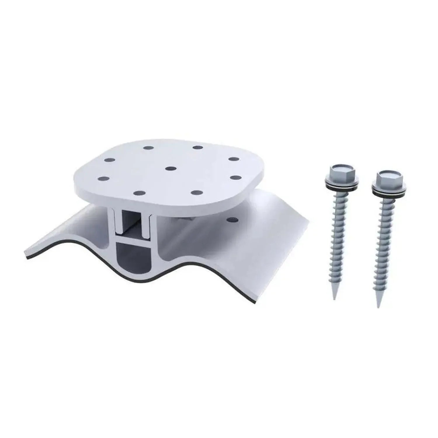 White trapezoidal solar mounting pad with ten pre-drilled holes and two stainless steel fastening screws displayed against wh