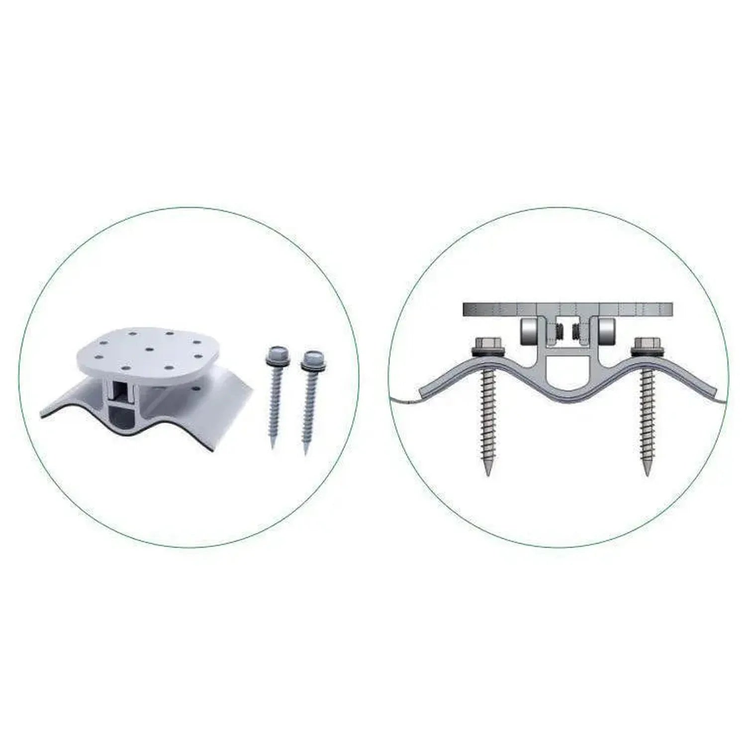Two circular diagrams showing solar mounting pad components: left shows a trapezoidal base with mounting holes and two screws