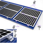 Isometric diagram showing solar panel mounting system with end clamps, mid clamps, and adhesive base pads on corrugated roofi