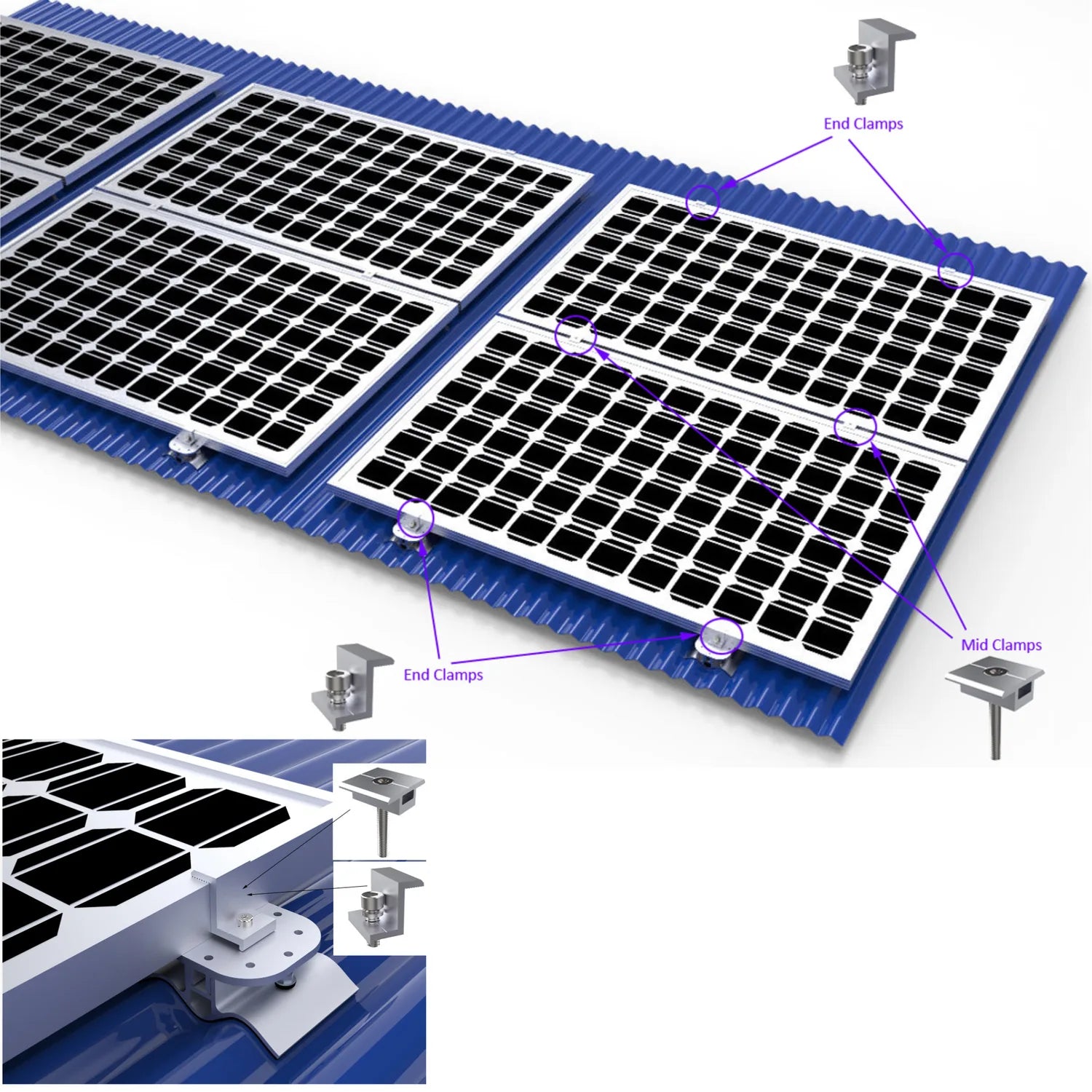 Isometric diagram showing solar panel mounting system with end clamps, mid clamps, and adhesive base pads on corrugated roofi