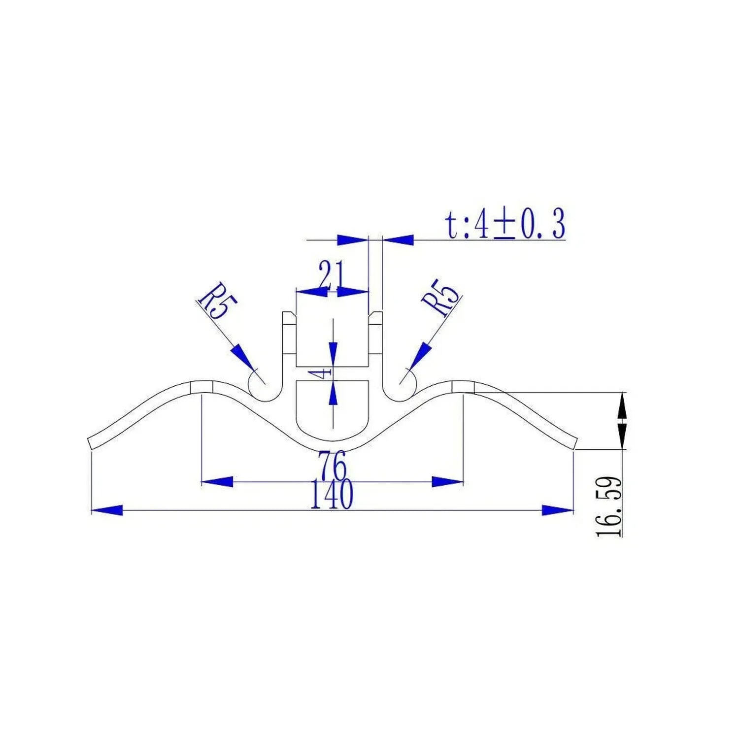 Technical dimension diagram of trapezoidal roof mounting pad showing top and side views with measurements including 140mm wid