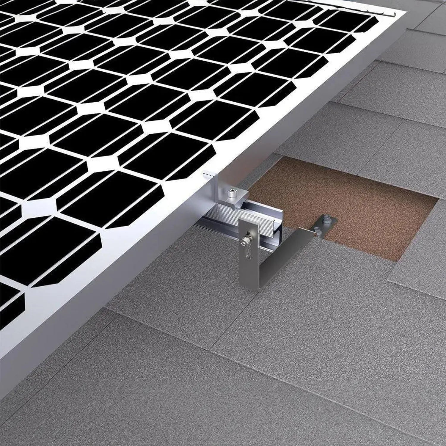 Solar panel mounting kit installed on slate and concrete tile roof, showing bracket assembly and attachment hardware detail.