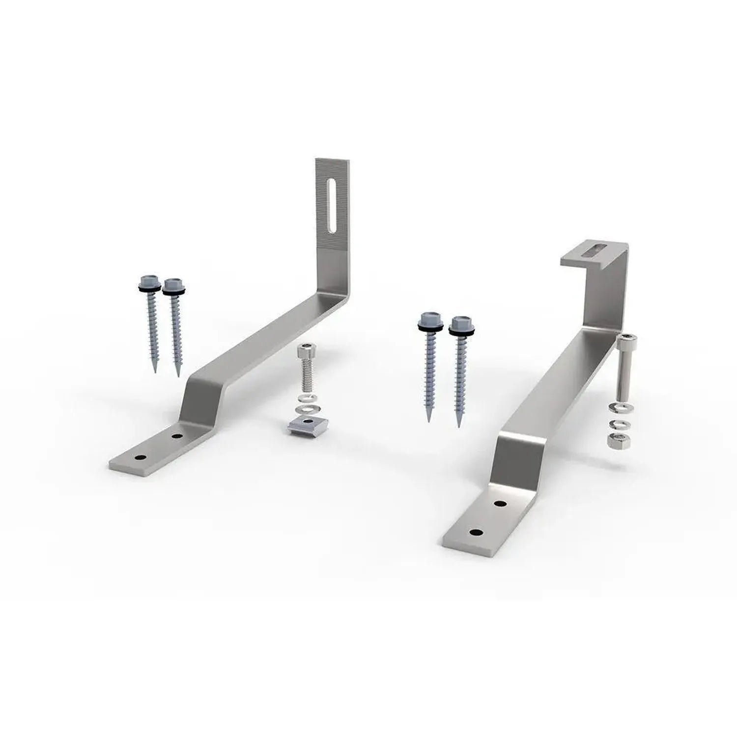 Solar panel mounting hardware kit with L-brackets, fasteners, and screws displayed on white background.