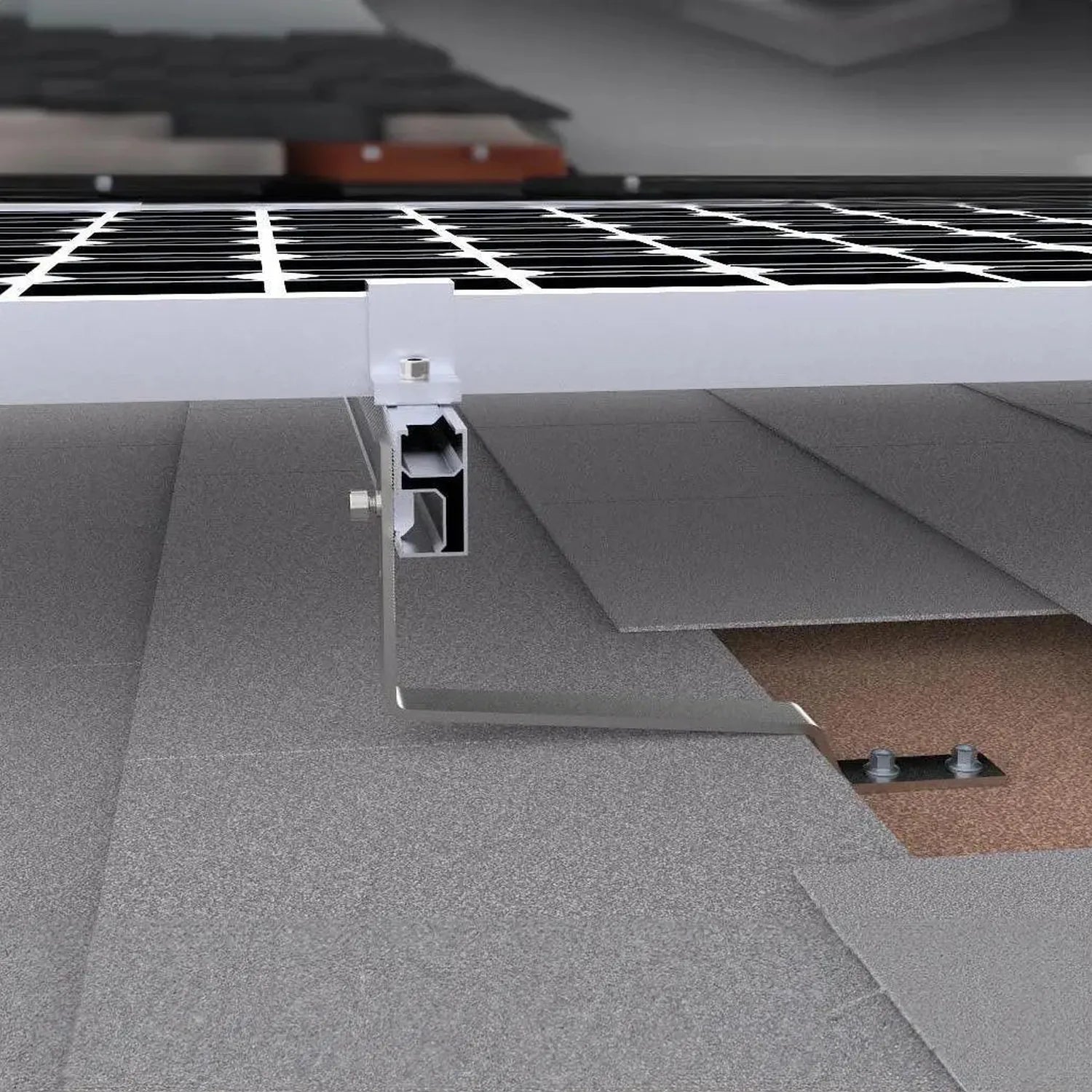 Solar panel mounting bracket installed on slate tile roof, showing white aluminum rail and attachment hardware securing panel