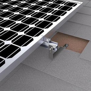 Solar panel mounting kit installation diagram showing rail system and attachment hardware on slate tile roof section.