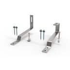 Solar panel roof mounting hardware kit showing metal brackets, fasteners, and screws for slate tile installation, displayed a