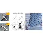 Hooks for flat tile roofs installation guide showing 90 and 180 degree angle brackets with technical diagrams and blue tile r