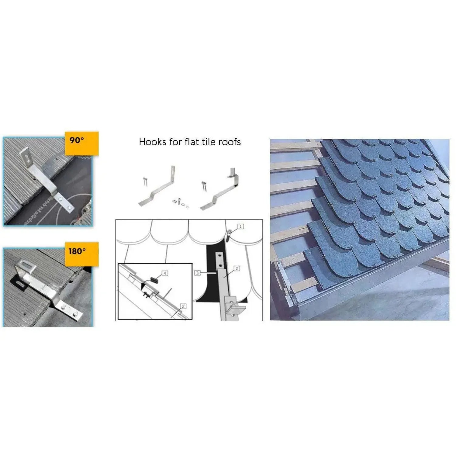 Hooks for flat tile roofs installation guide showing 90 and 180 degree angle brackets with technical diagrams and blue tile r