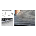 Asphalt shingle roof hooks shown as individual metal brackets and installation diagram with solar panel mount, plus close-up 