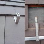 White aluminum mounting bracket installed on slate roof tile, shown from two angles with measurement scale and hardware detai