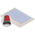 Isometric diagram of solar panel mounting system on metal roof with closeup of adhesive rail detail showing red backing strip