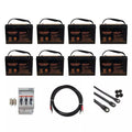 Eight black Voltacon HXG6-200 gel batteries with handles, plus circuit breaker, cables, and mounting hardware for solar energ