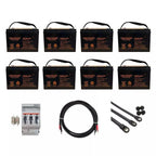 Eight black Voltacon HXG6-200 gel batteries with handles, plus circuit breaker, cables, and mounting hardware for solar energ