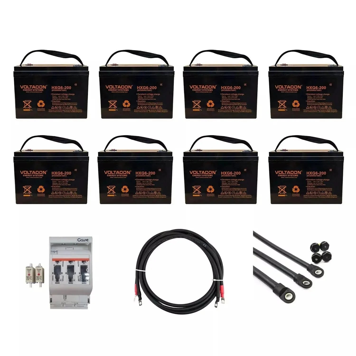 Eight black Voltacon HXG6-200 gel batteries with handles, plus circuit breaker, cables, and mounting hardware for solar energ