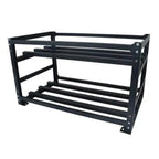Black metal storage rack with horizontal support bars and vertical frame, shown against white background.