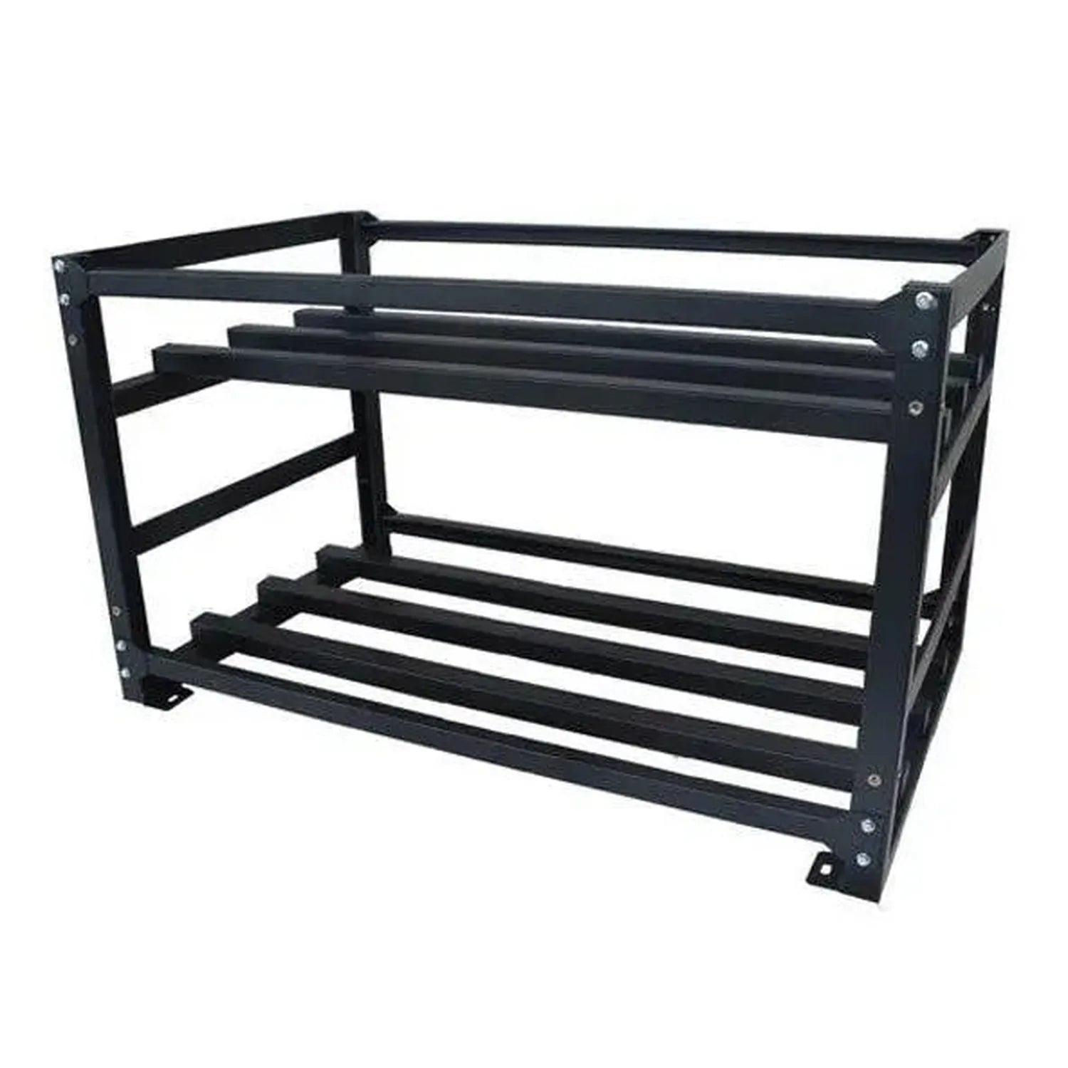 Black metal storage rack with horizontal support bars and vertical frame, shown against white background.