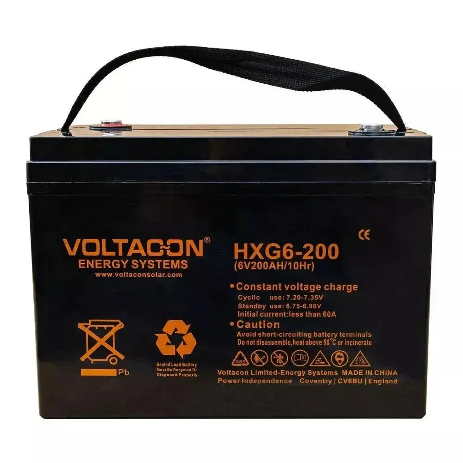 Voltacon HXG6-200 sealed lead battery with black case, orange text, and black carry handle against white background.