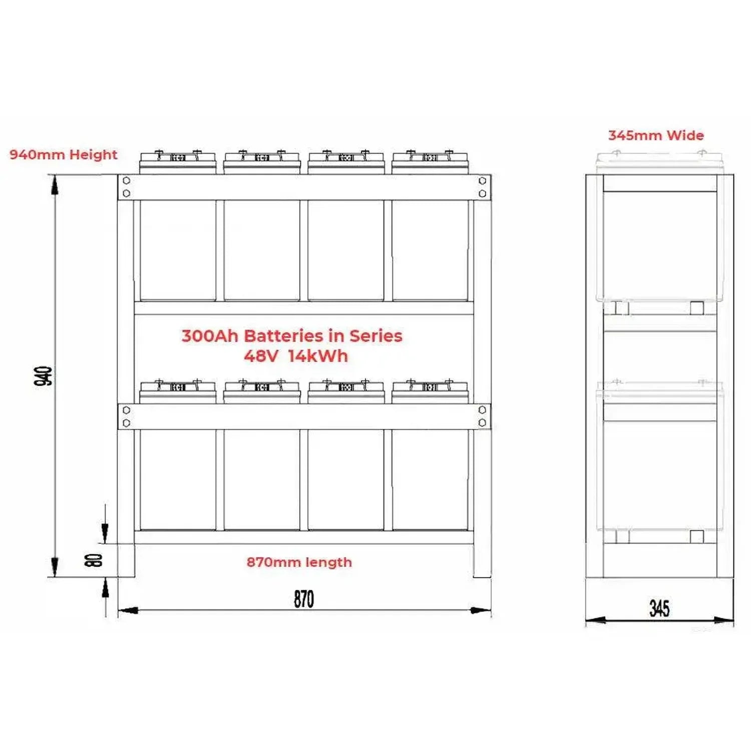 Technical dimension diagram showing front and side views of 48V 14kWh battery storage cabinet with 300Ah cells in series, 870