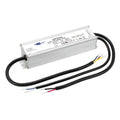 White rectangular LED driver with black power cables and wire terminals, product shot on white background.